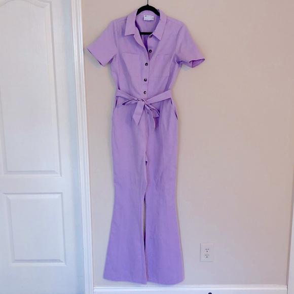 ASOS Tall 70s kickflare boilersuit in lilac - Picture 3 of 7